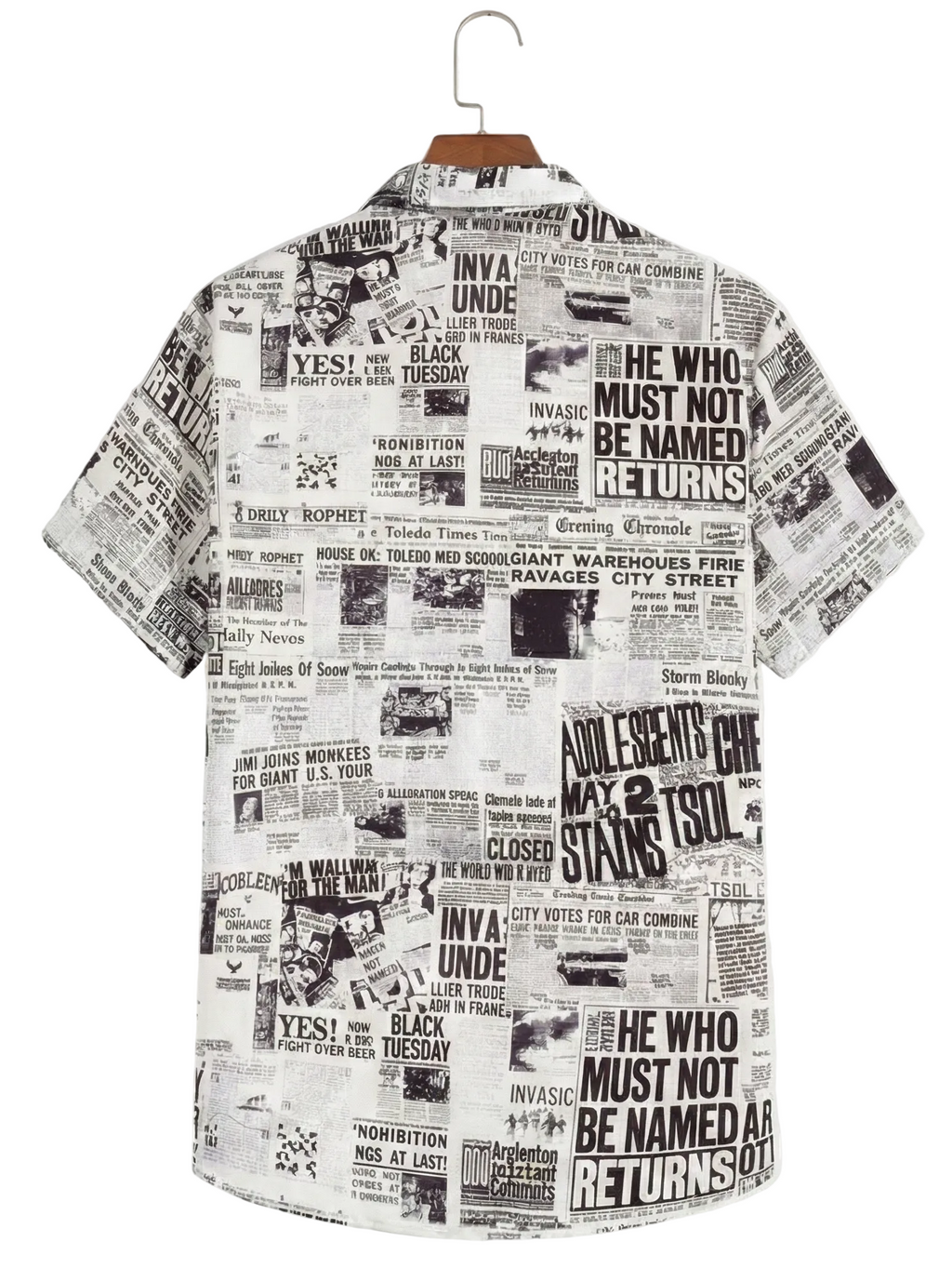 Men's Black & White Vintage Newspaper Print Casual Half Sleeve Shirt